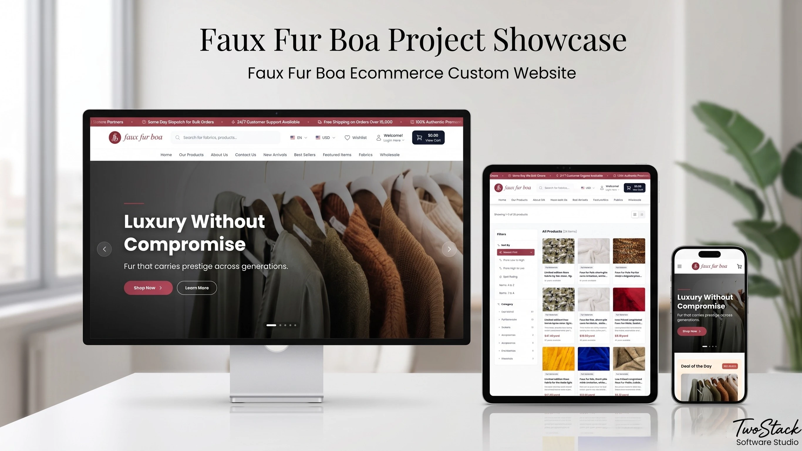 Faux Fur Boa wholesale ecommerce website shown on desktop, tablet and mobile