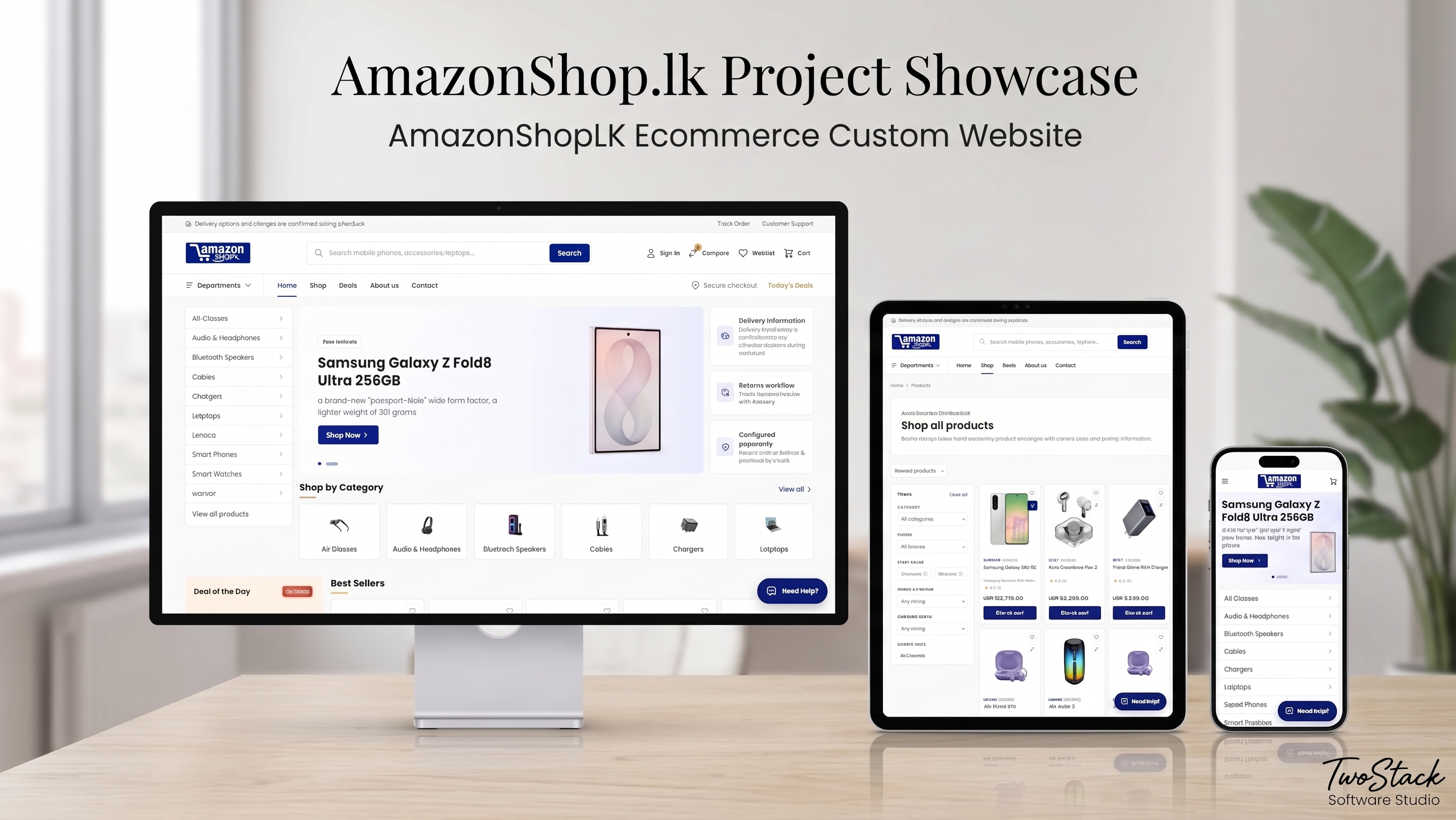AmazonShop.lk mobile and electronics ecommerce website shown on desktop, tablet and mobile