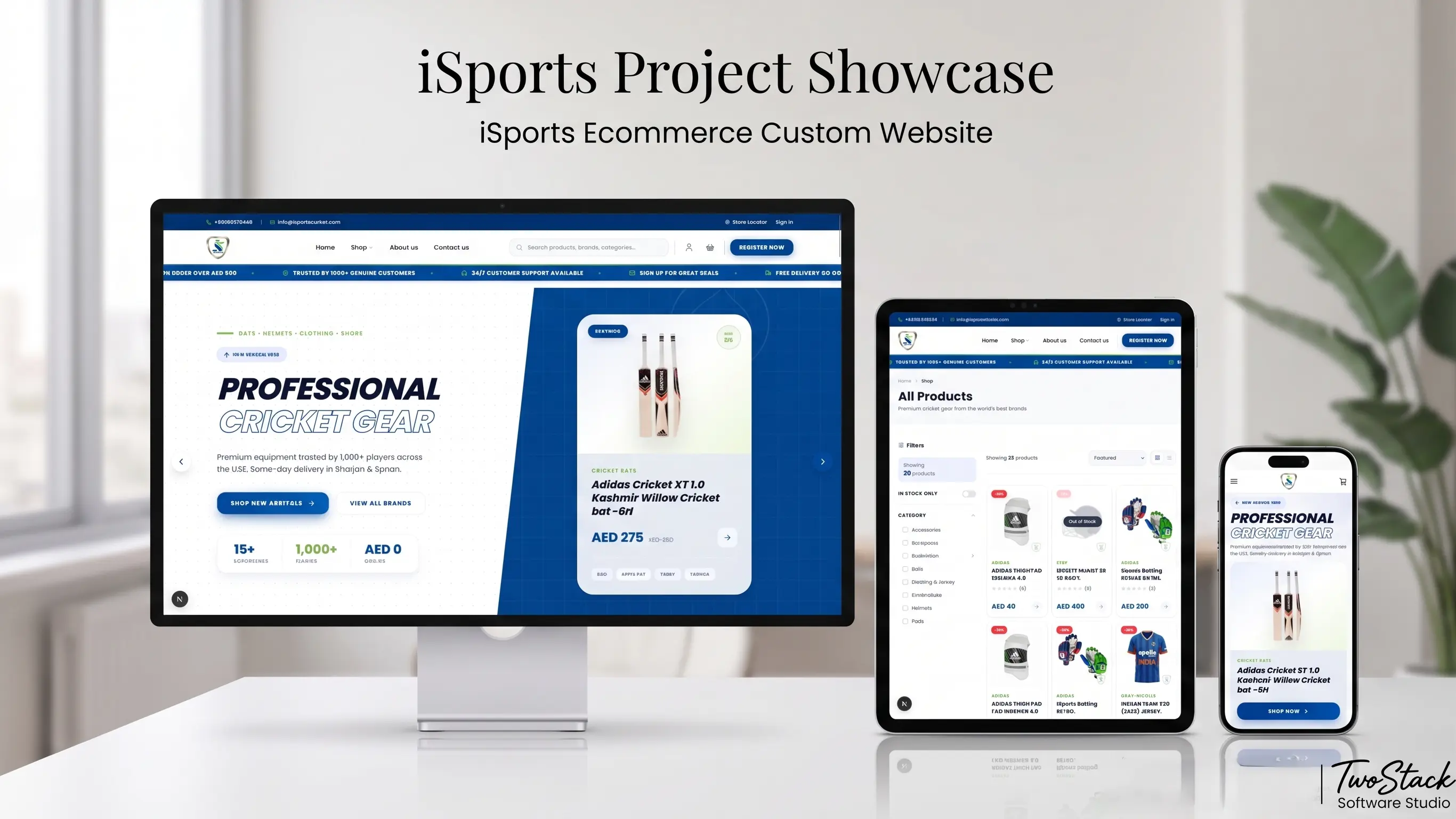 iSports Cricket Store ecommerce website shown on desktop, tablet and mobile